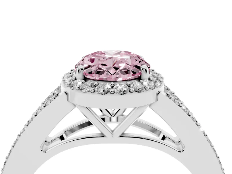 Oval Halo Engagement Ring Setting for a Fancy Pink Lab-Grown Diamond | V-Split Pavé Band | Platinum