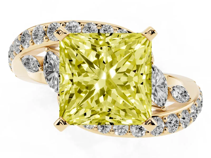 Fancy Yellow Princess Cut Diamond Solitaire Ring Set in Yellow gold with Pavé Twist Band and Secure Prong Setting