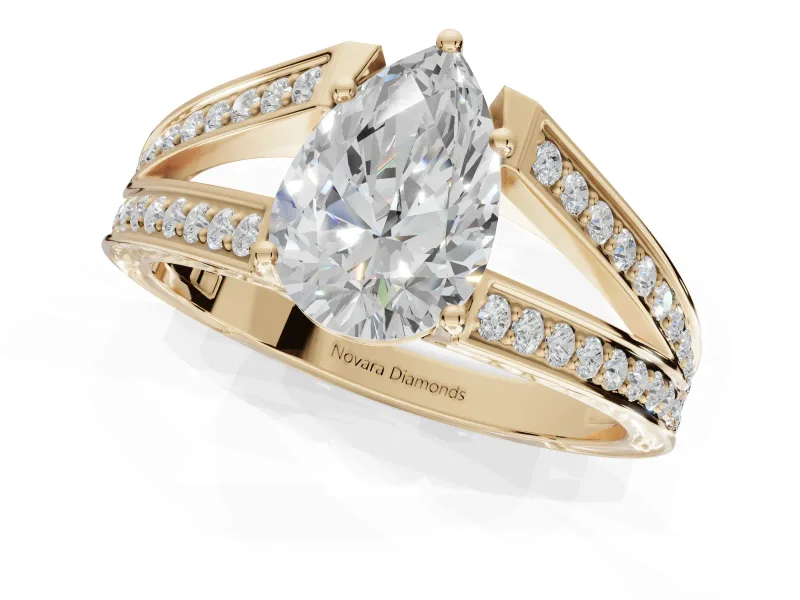 Pear-Shaped Split Shank Pavé Engagement Ring Setting | Engraved Leaf Sides | Yellow Gold