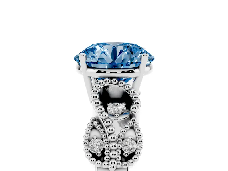 Fancy Blue Round Cut Diamond Milgrain Leaf Band Solitaire Ring Set in Silver with Accent Stones and Prong Setting