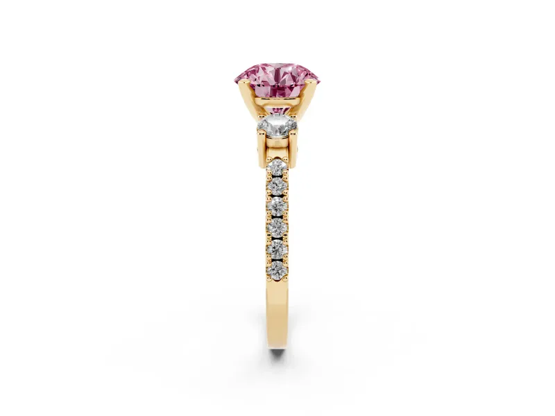 Round Three Stone Pavé Engagement Ring Setting for a Fancy Pink Lab-Grown Diamond | Round Side Stones | Yellow Gold