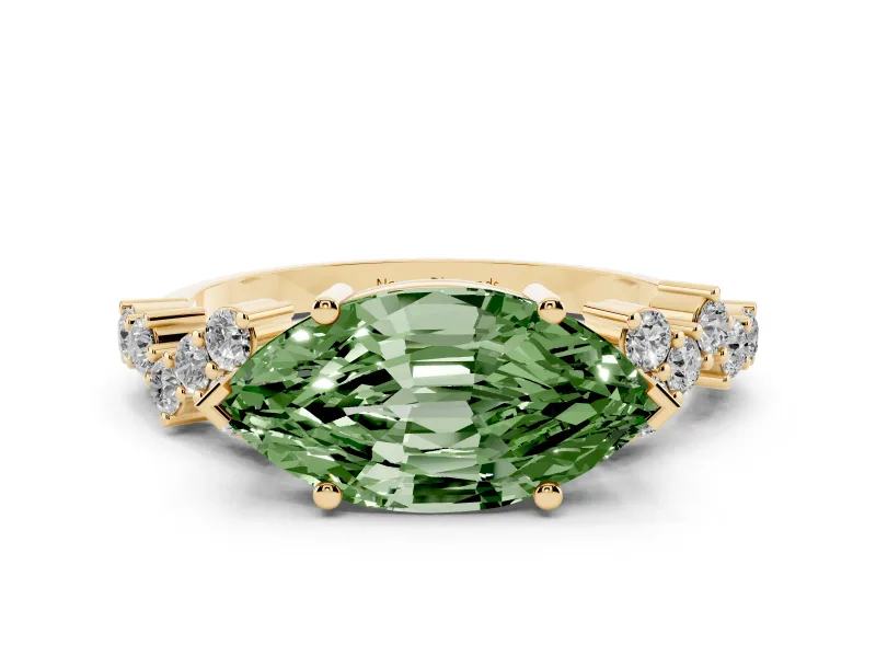 Fancy Green Marquise Cut Diamond Ring Set in Yellow gold with Scattered Round Accents