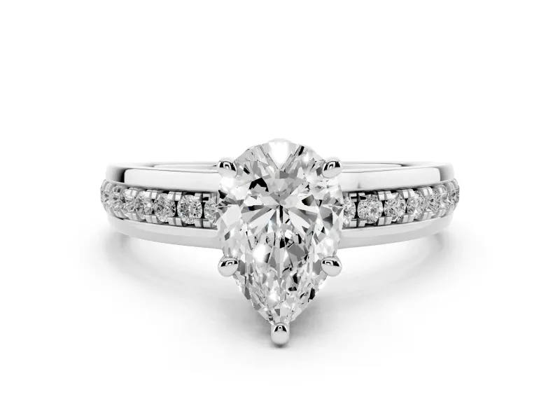 Pear Cut Diamond Solitaire Ring Set in White gold with Channel Set Band and Prong Setting
