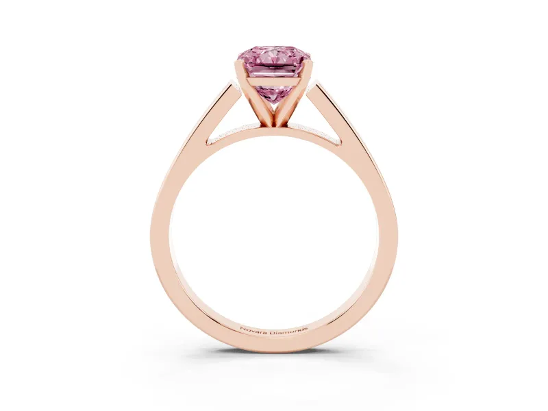 Fancy Pink Radiant Cut Diamond Solitaire Engagement Ring Set in Rose gold with Prong Setting and Tapered Band