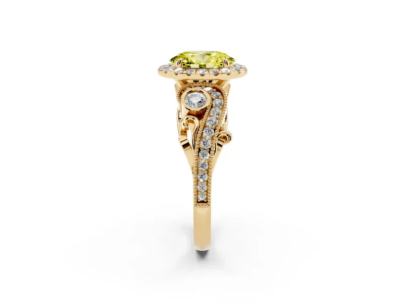 Oval Vintage Halo Engagement Ring Setting for a Fancy Yellow Lab-Grown Diamond | Bezel Shoulder Accents | Yellow Gold