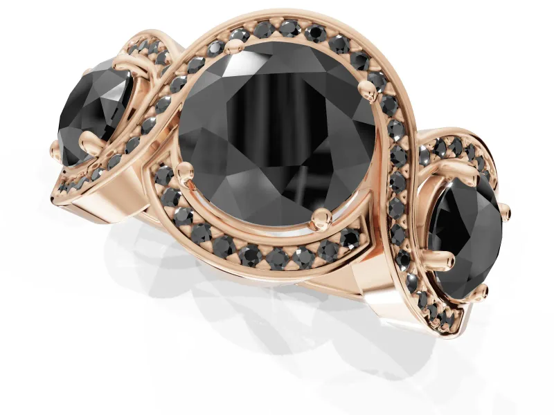 Round Three Stone Halo Engagement Ring Setting for a Black Center | Pavé Wave Band | Rose Gold