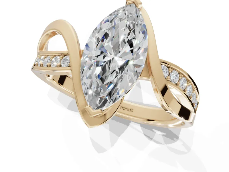Marquise Bypass Solitaire Engagement Ring Setting | Pavé and Plain Strands | Yellow Gold