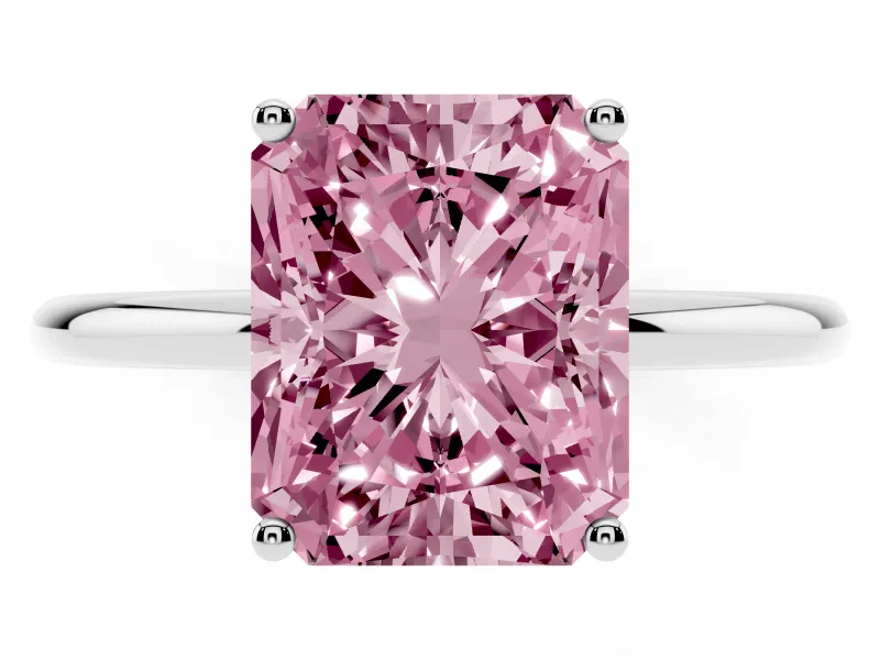 Fancy Pink Radiant Cut Diamond Solitaire Engagement Ring Set in White gold with Thin Band and Prong Setting