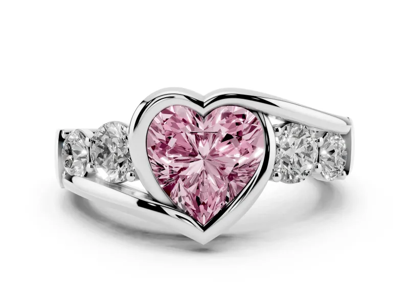 Fancy Pink Heart Cut Diamond Bezel Bypass Ring Set in White gold with Round Accents