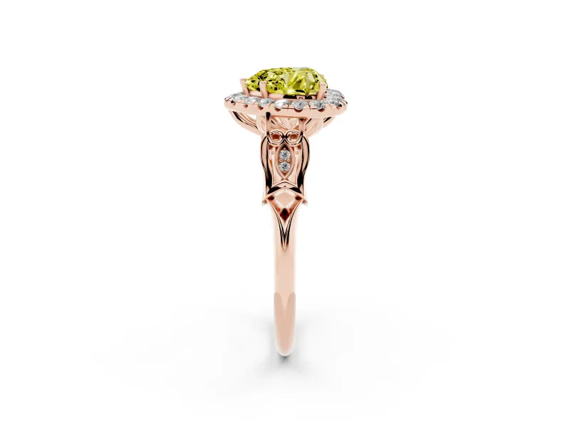 Fancy Yellow Heart Cut Diamond Halo Engagement Ring Set in Rose gold with Filigree Band and Prong-Set Center