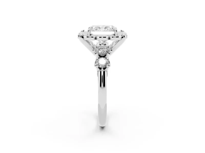 Radiant Cut Diamond Floral Halo Ring Set in White gold with Shared Prong Band