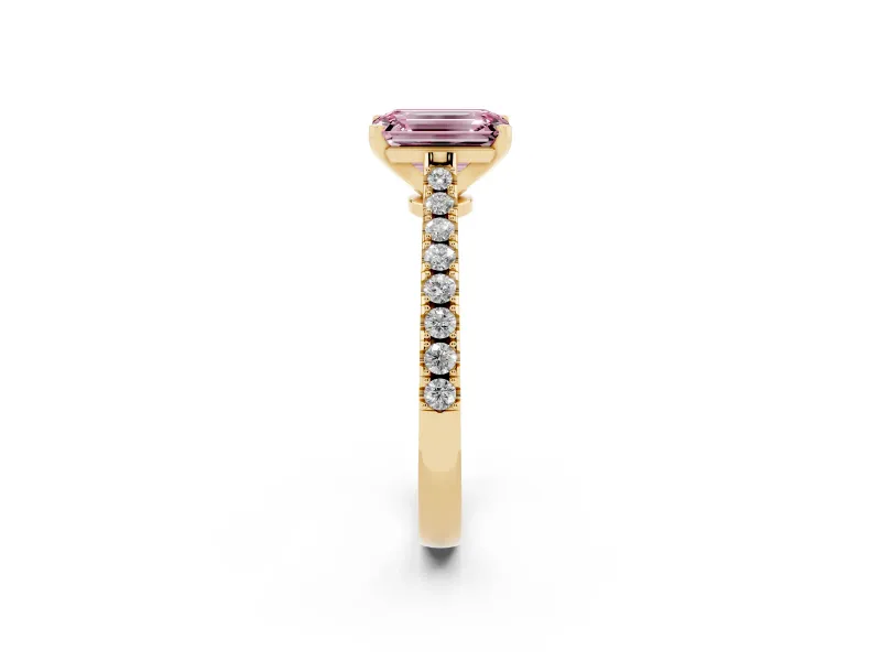 Fancy Pink Emerald Cut Diamond Solitaire Engagement Ring Set in Yellow gold with Delicate Pavé Band and Prong Setting