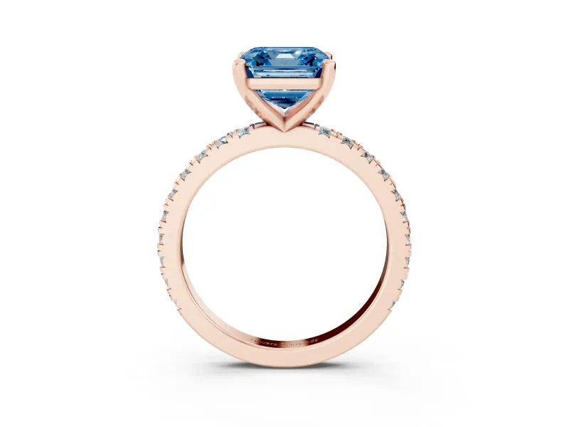 Fancy Blue Asscher Cut Diamond Pavé Band Solitaire Set in Rose gold with Prong Setting