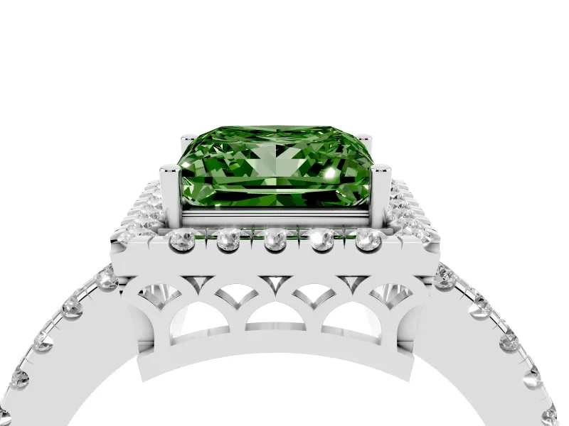 Fancy Green Princess Cut Diamond Pavé Band Halo Engagement Ring Set in Silver with Prong Setting