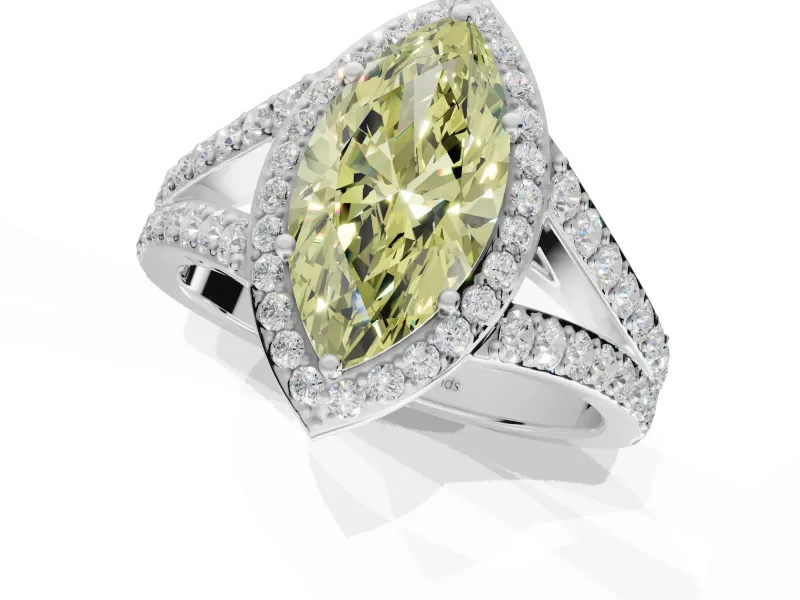 Marquise Halo Pavé Engagement Ring Setting for a Fancy Yellow Lab-Grown Diamond | Narrow Split Shank | White Gold