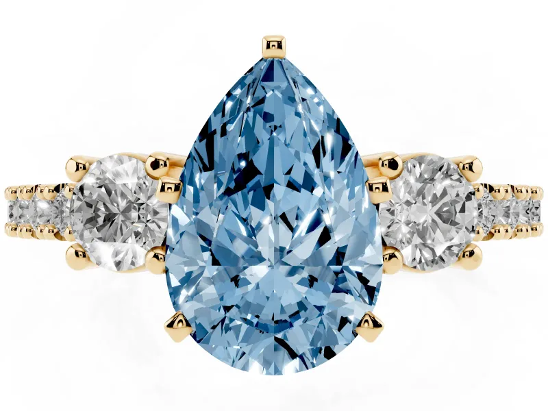 Fancy Blue Three-Stone Pear Cut Diamond Pavé Band Ring Set in Yellow gold with Prong Setting