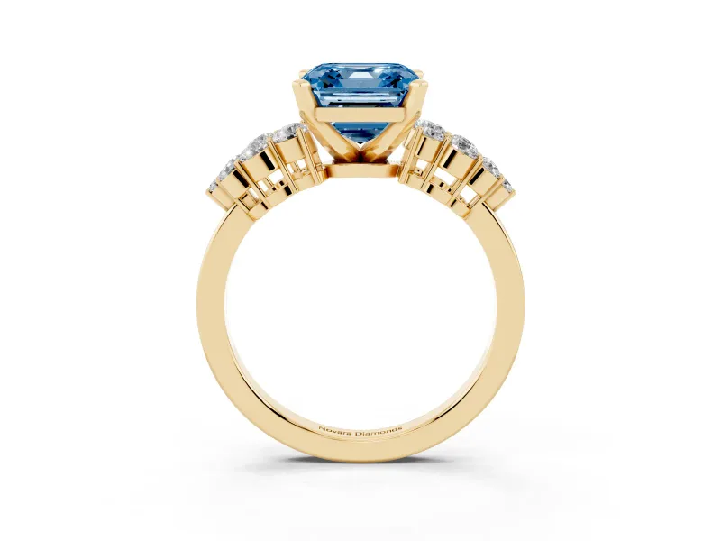 Fancy Blue Asscher Cut Diamond Cluster Engagement Ring Set in Yellow gold with Pavé Band and Prong Setting