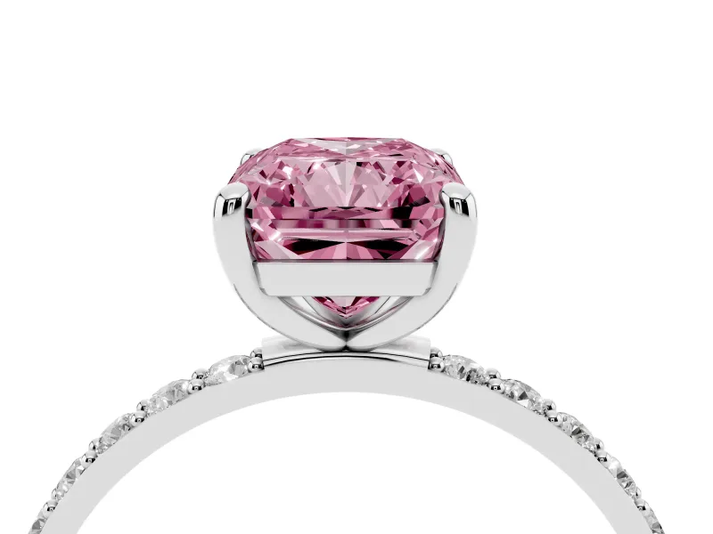 Fancy Pink Radiant Cut Diamond Solitaire Ring Set in Platinum with Round Pavé Band and Prong Setting