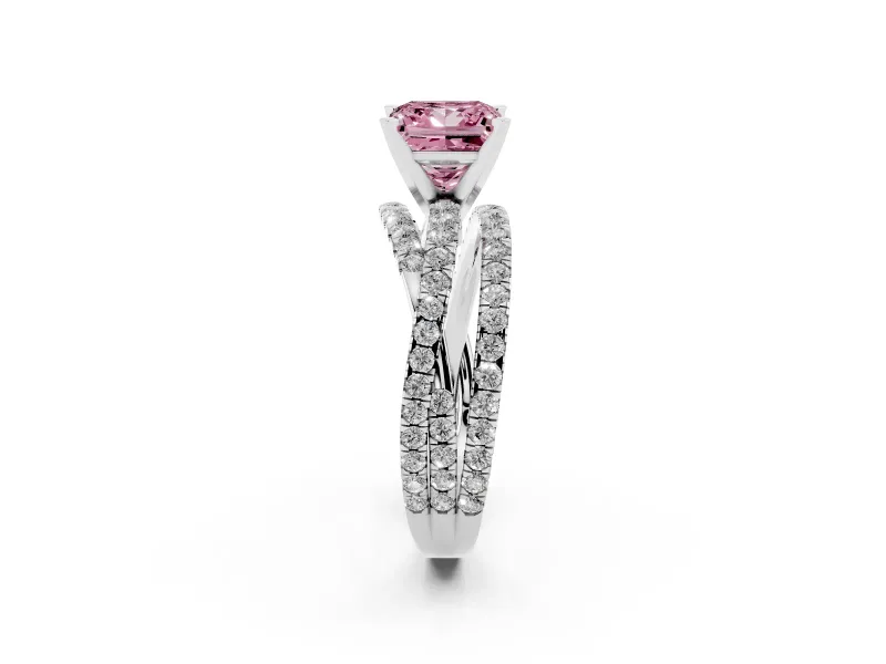 Fancy Pink Princess Cut Diamond Solitaire Twist Band Ring Set in Silver with Pavé Setting and Prong Head