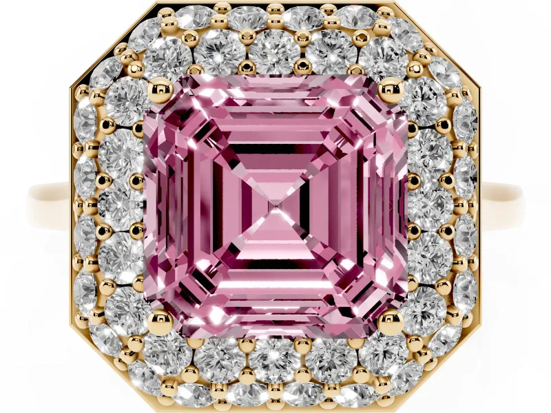 Fancy Pink Asscher Cut Diamond Halo Engagement Ring Set in Yellow gold with Solitaire Band and Prong Setting