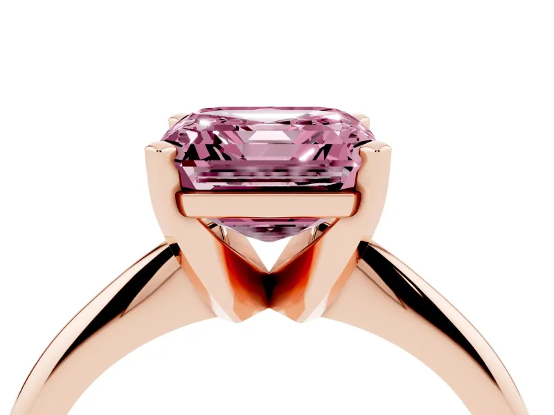 Fancy Pink Asscher Cut Diamond Solitaire Ring Set in Rose gold with Prong Setting on a Plain Round Band