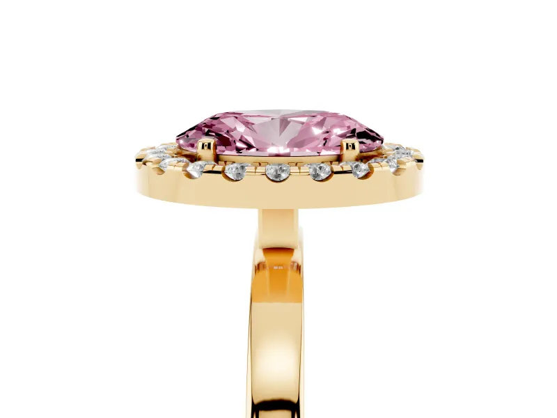 Fancy Pink Oval Cut Diamond Halo Solitaire Ring Set in Yellow gold with Pavé Band and Prong Setting