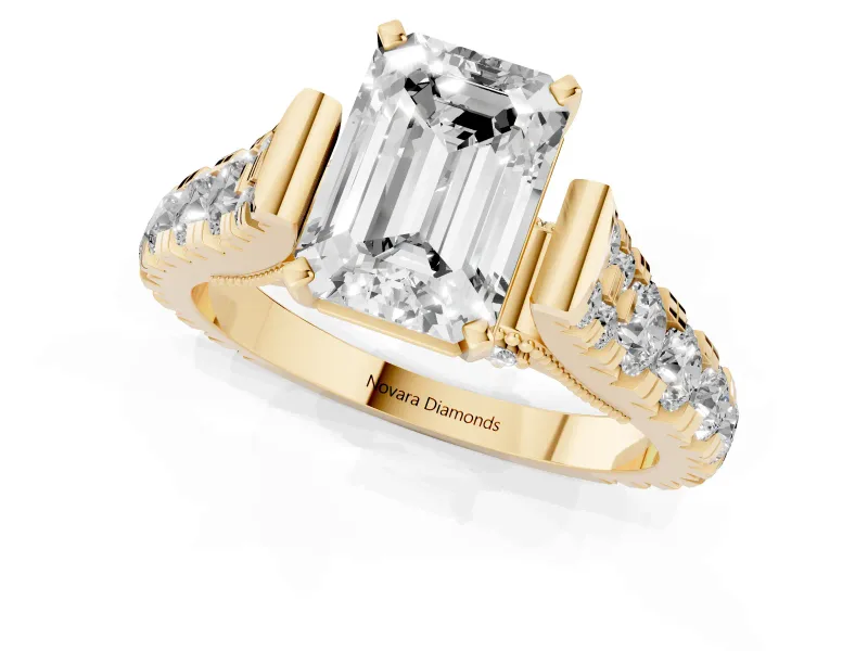 Emerald Cut Graduated Side Stone Cathedral Engagement Ring Setting | Milgrain Gallery | Yellow Gold