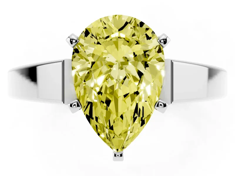 Fancy Yellow Pear Cut Diamond Solitaire Engagement Ring Set in White gold with Prong Setting and Tapered Band