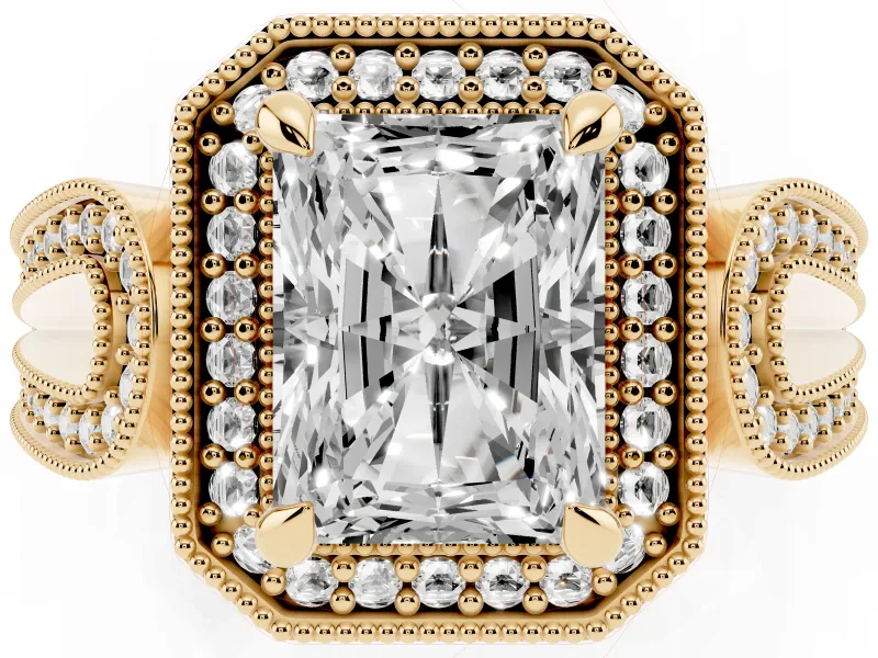 Radiant Cut Vintage Milgrain Halo Engagement Ring Setting | Open Loop Pave Shoulders | Yellow Gold