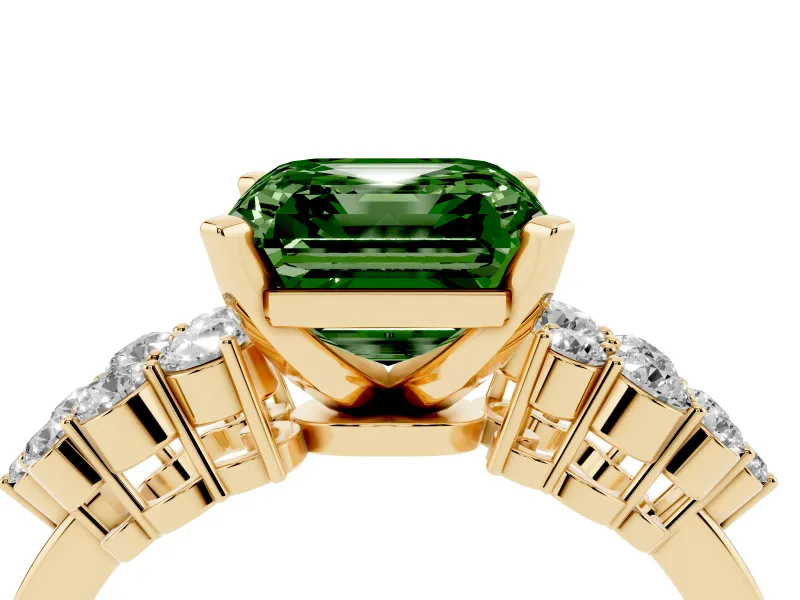 Fancy Green Asscher Cut Diamond Cluster Engagement Ring Set in Yellow gold with Pavé Band and Prong Setting