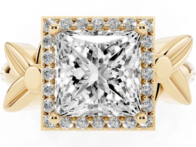 Princess Cut Floral Halo Engagement Ring Setting | Leaf Shoulders | Yellow Gold
