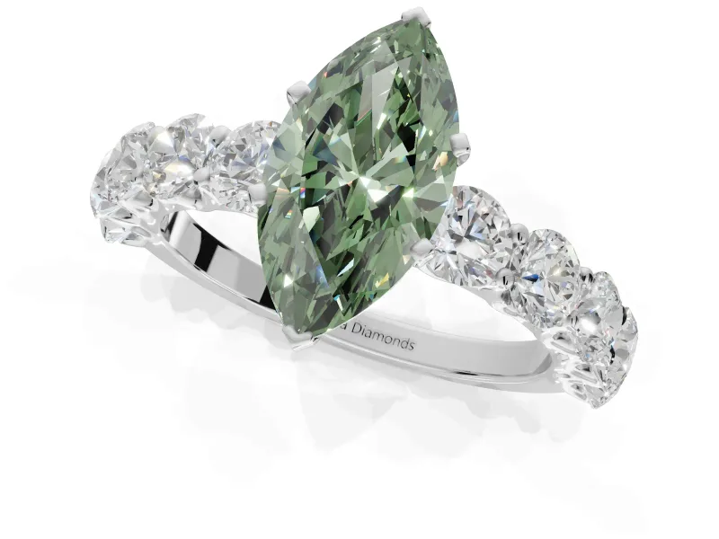 Marquise Side Stone Engagement Ring Setting for a Fancy Green Lab-Grown Diamond | Scalloped Prong Accents | White Gold