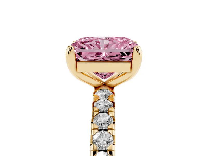 Fancy Pink Radiant Cut Diamond Pavé Solitaire Ring Set in Yellow gold with Round Band and Prong Setting