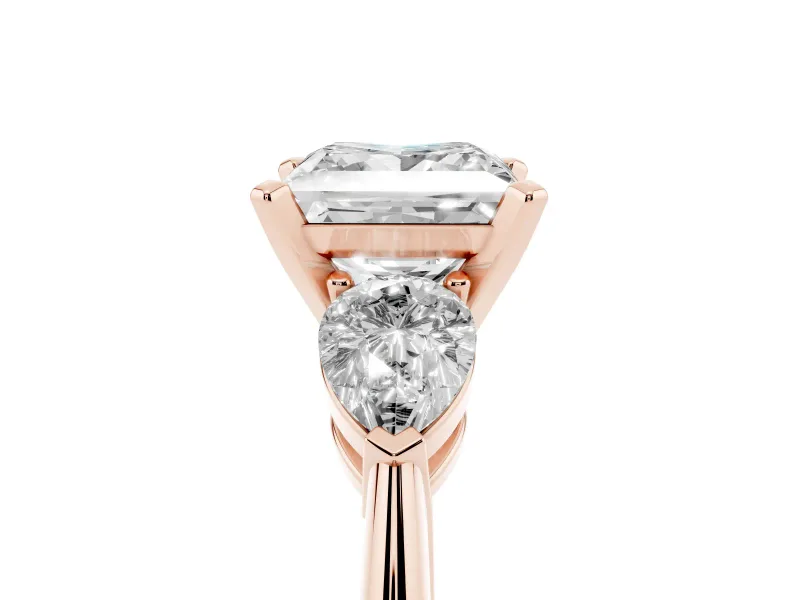 Princess Cut Three-Stone Engagement Ring Setting | Pear Side Stones | Rose Gold
