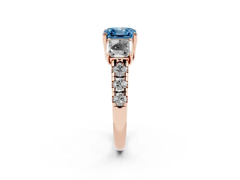 Asscher Cut Three Stone Engagement Ring Setting for a Fancy Blue Lab-Grown Diamond | Accented Shoulders | Rose Gold