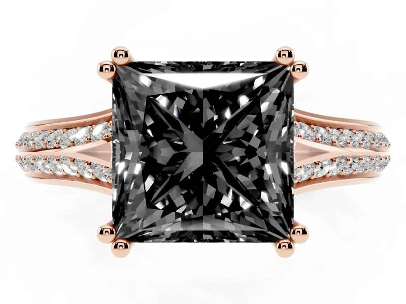 Princess Cut Split Shank Engagement Ring Setting for a Black Center | Pavé Band | Rose Gold