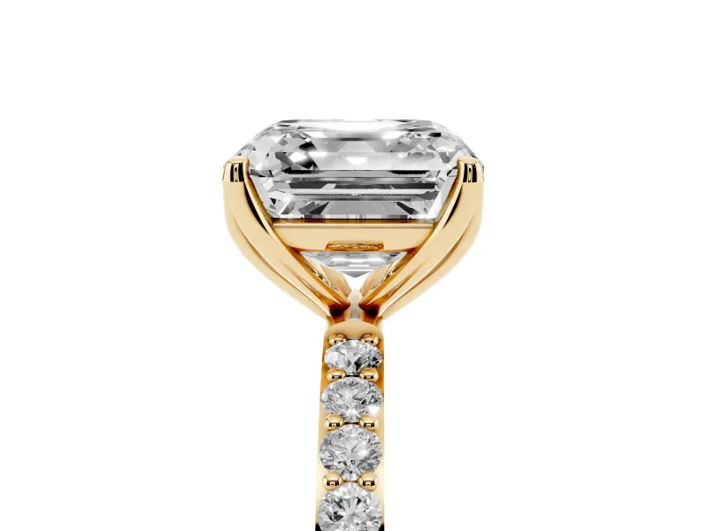 Asscher Cut Pave Solitaire Engagement Ring Setting | Fine Line Pave Band | Yellow Gold