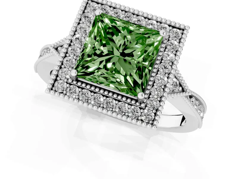 Princess Cut Milgrain Halo Engagement Ring Setting for a Fancy Green Lab-Grown Diamond | Graduated Pavé | White Gold