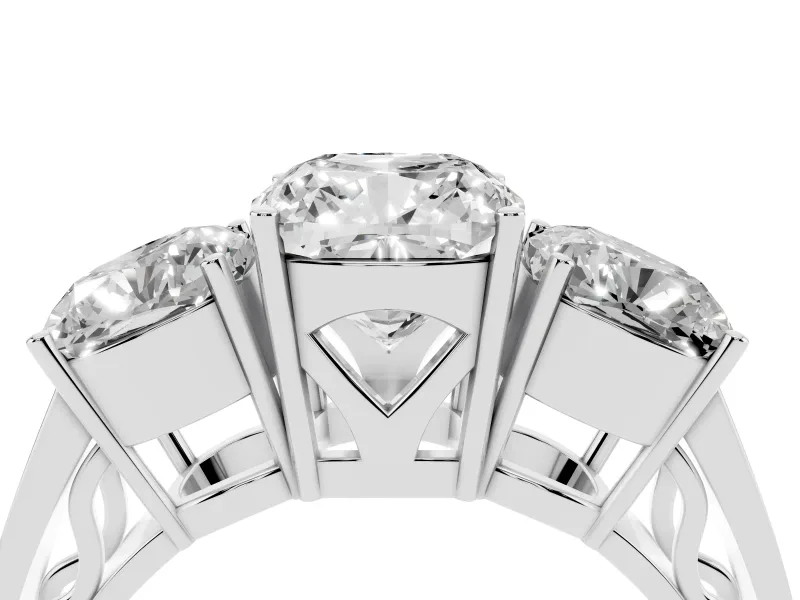 Cushion Cut Three Stone Engagement Ring Setting | Beaded Shoulders | Sterling Silver