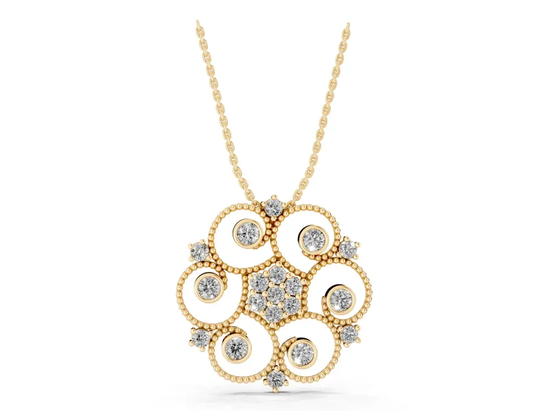Round Lab-Grown Diamond Milgrain Flower Medallion Pendant Necklace | Bezel Petals | Yellow Gold