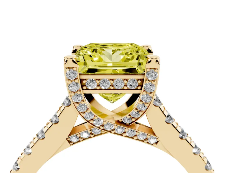 Princess Cut Hidden Halo Pave Engagement Ring Setting for a Fancy Yellow Lab-Grown Diamond | Claw Prongs | Yellow Gold