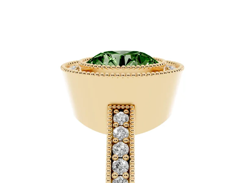 Fancy Green Round Cut Diamond Halo Engagement Ring Set in Yellow gold with Pavé Band and Round Halo Stones