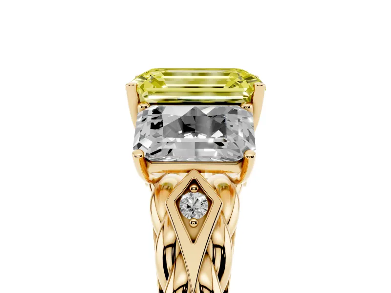 Emerald Cut Three Stone Engagement Ring Setting for a Fancy Yellow Lab-Grown Diamond | Braided Band | Yellow Gold