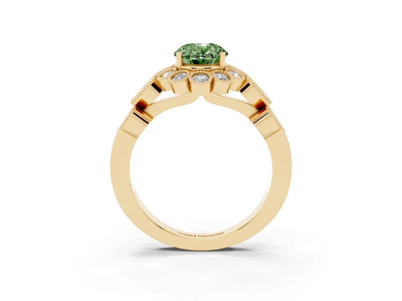 Oval Scalloped Halo Engagement Ring Setting for a Fancy Green Lab-Grown Diamond | Heart Pavé Band | Yellow Gold