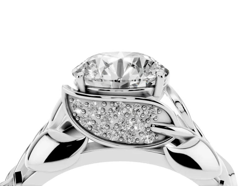 Round Cut Diamond Leaf-Inspired Engagement Ring Set in White gold with Round Accents