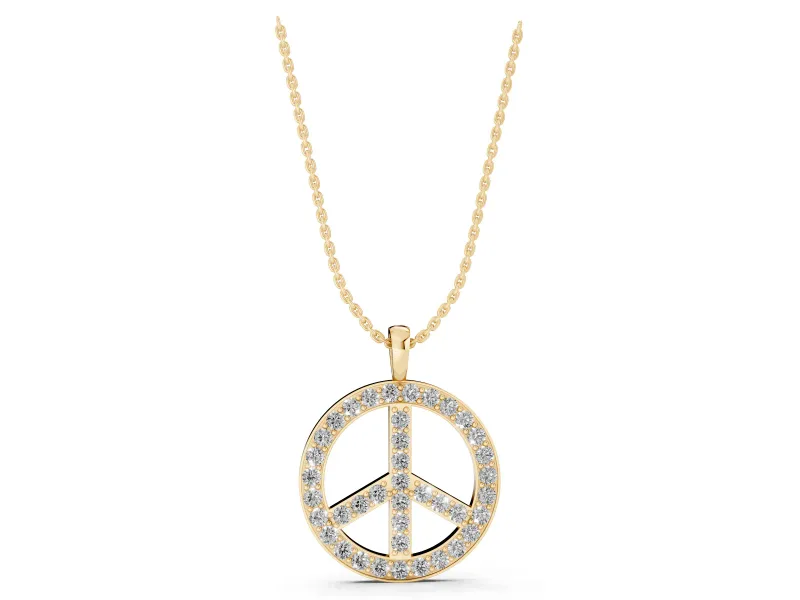 Round Lab-Grown Diamond Pavé Peace Sign Pendant Necklace | Shared Prongs | Yellow Gold