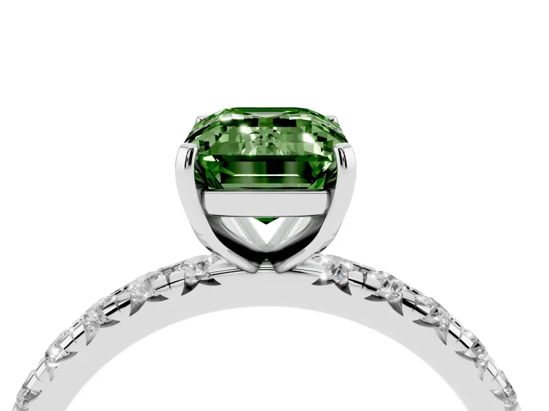 Fancy Green Emerald Cut Diamond Pavé Solitaire Ring Set in White gold with Round Band and Prong Setting