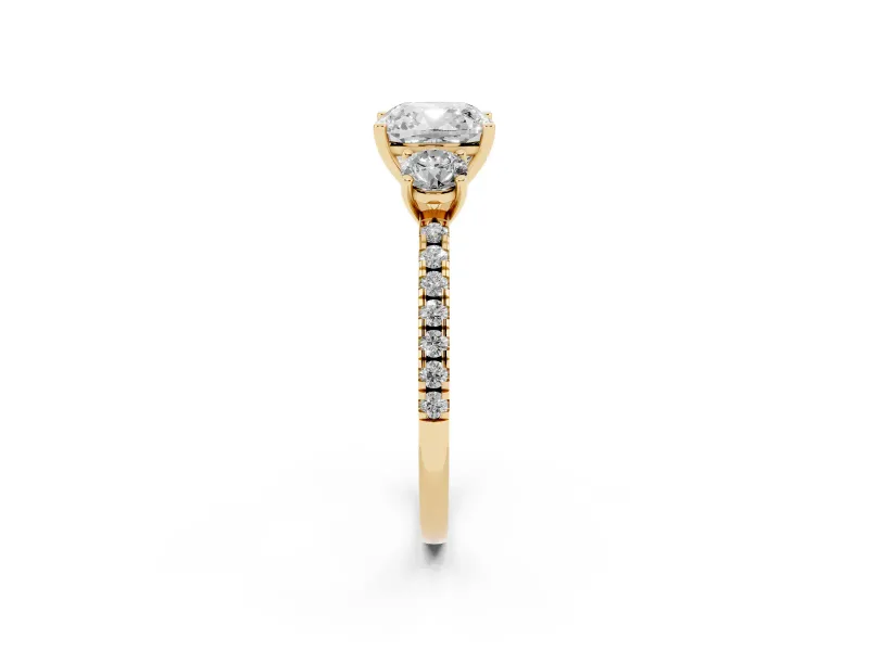 Cushion Cut Three Stone Engagement Ring Setting | Pave Shoulders | Yellow Gold
