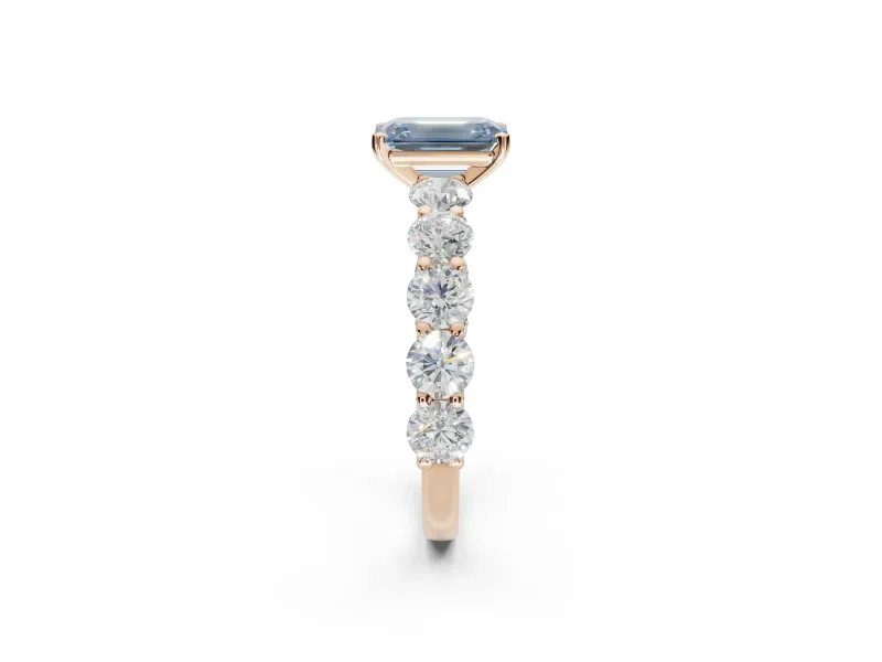 Emerald Cut Side Stone Engagement Ring Setting for a Fancy Blue Lab-Grown Diamond | Scalloped Prong Accents | Rose Gold