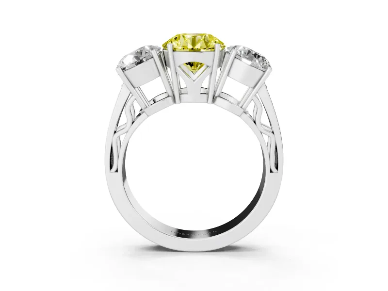 Round Engagement Ring Setting for a Fancy Yellow Lab-Grown Diamond | Three Stone | Platinum